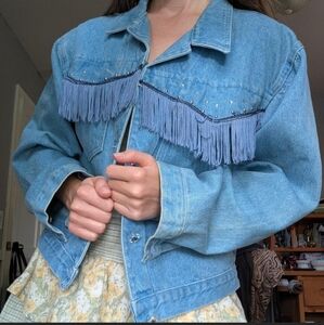 Vintage 80s David David Rhinestone Fringe Denim Western Bedazzled Jacket Size S